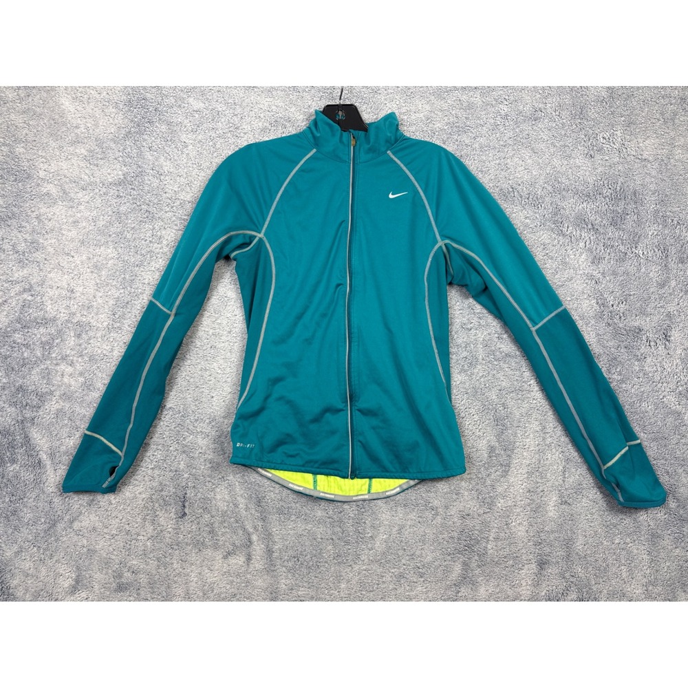 Nike Womens S Teal Dri-FIT Full Zip Running Jacket Reflective Thumb hole